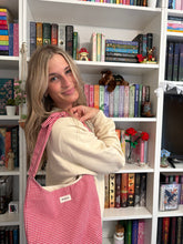 Load image into Gallery viewer, “Book Lover” Red Checkered Bow Tote
